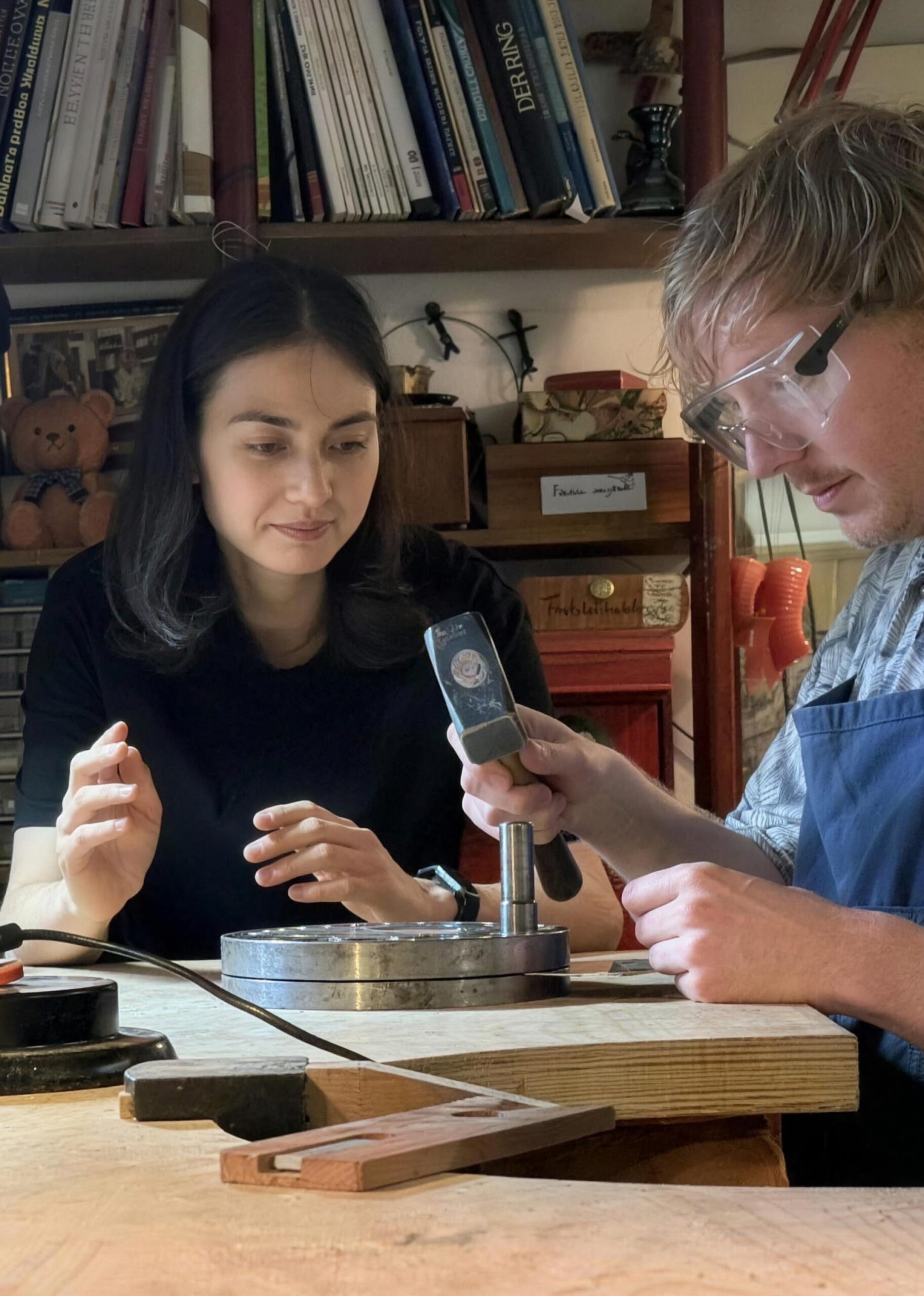 A student and tutor at the jeweller's bench